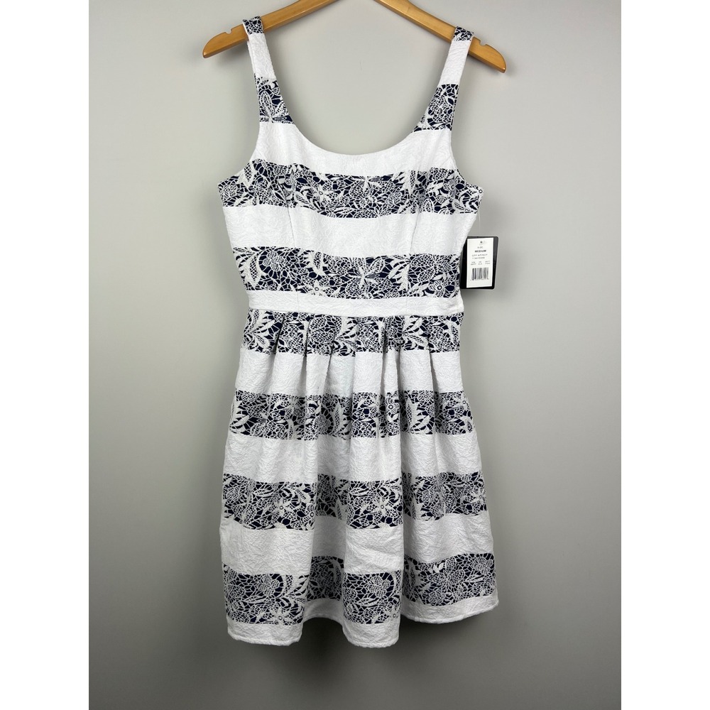 Nautical Navy Blue White Floral Lace‎ Striped Fit Flare Dress size Meduim
